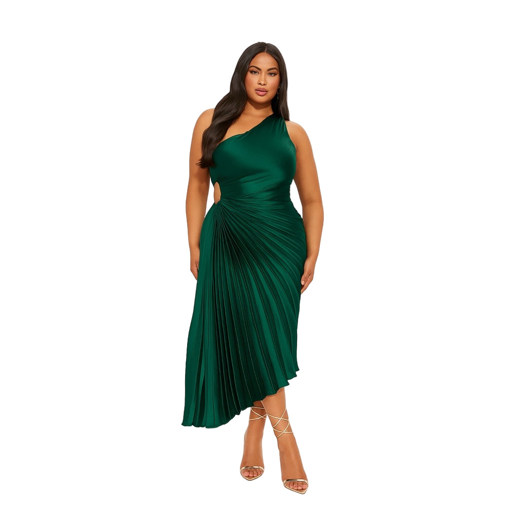 💚 Fashion Nova Belle Satin Pleated One-Shoulder Dress – Emerald Green, Size 1X